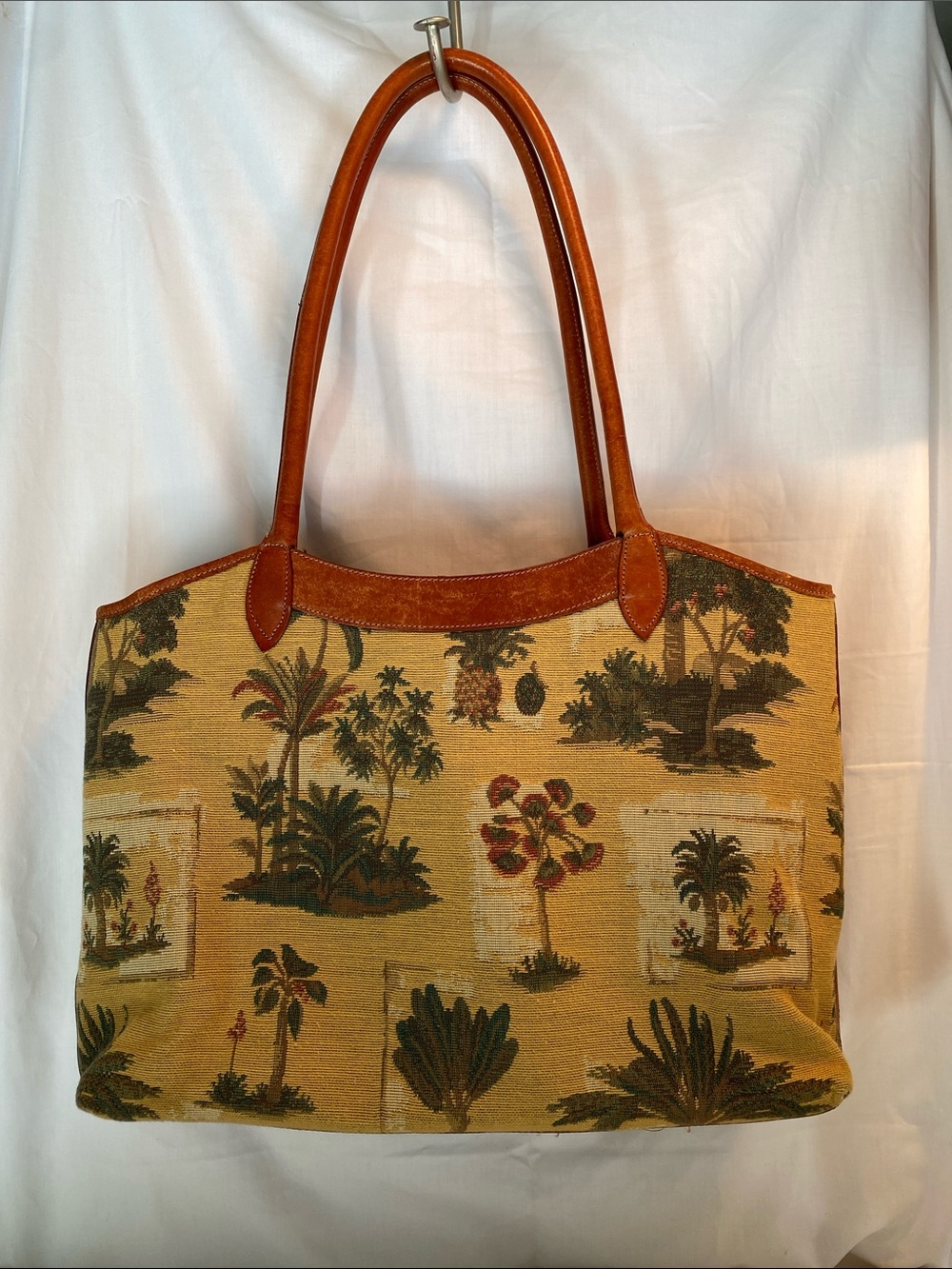 Tommy Bahama Tropical Palm Tree Tapestry Tote Bag in Mustard with Brown Trim